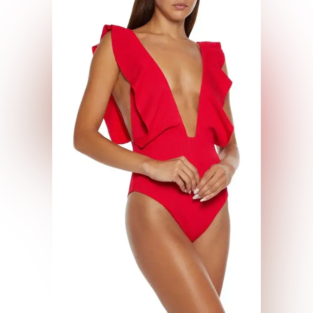 Red Ruffle Plunge One-Piece Swimsuit -  Deep V Swimwear